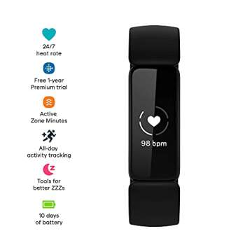 Fitbit Inspire 2 Health & Fitness Tracker with a Free 1-Year Premium Trial, 24/7 Heart Rate, Black/Black, One Size (S & L Bands Included) (Renewed)