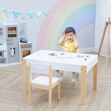 Fantasy Fields 3-Piece Kids Wooden Space-Saving Table and Chairs Set with Reversible Tabletop and Internal Storage for Playrooms, Bedrooms, Classrooms, or Libraries, White with Natural Wood finish