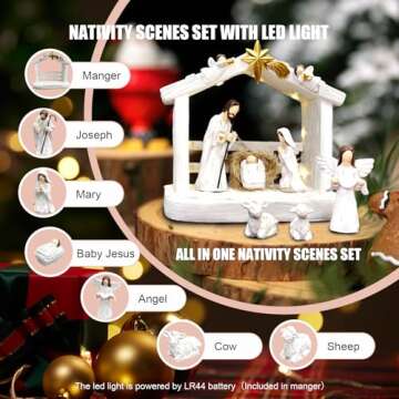 TroupePal Nativity Set -Nativity Sets & Figures with Manger and Little Animals, Christmas Nativity Tabletop Scene Indoor Figurine Decor for Xmas with LED Light, 7-Pieces