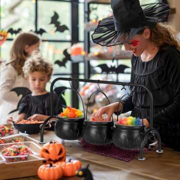 Rdogeia Halloween Decorations Indoor,Halloween Decor- Set of 3 Halloween Witches Cauldron Candy Serving Bowls on Rack,Black Plastic Cauldron with Skeletons for Indoor Outdoor Home Kitchen Decoration