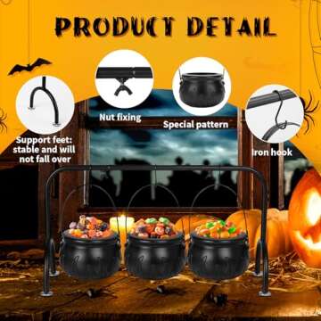 Rdogeia Halloween Decorations Indoor,Halloween Decor- Set of 3 Halloween Witches Cauldron Candy Serving Bowls on Rack,Black Plastic Cauldron with Skeletons for Indoor Outdoor Home Kitchen Decoration