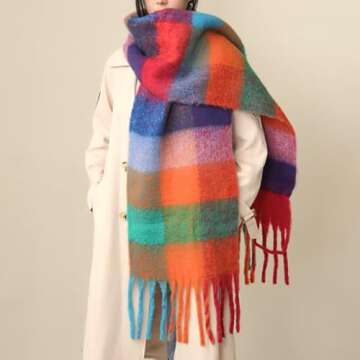 MININAI Chunky Winter Scarfs for Women Cold Weather Warm Knit Thick Plaid Scarf Long Large Oversized Checked Scarves (Colorful)