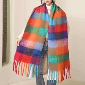 MININAI Chunky Winter Scarfs for Women Cold Weather Warm Knit Thick Plaid Scarf Long Large Oversized Checked Scarves (Colorful)