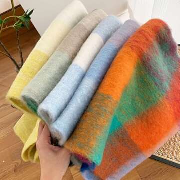 MININAI Chunky Winter Scarfs for Women Cold Weather Warm Knit Thick Plaid Scarf Long Large Oversized Checked Scarves (Colorful)