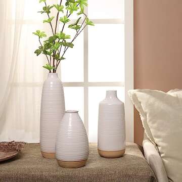 TERESA'S COLLECTIONS White Vases for Home Decor,Farmhouse Ceramic Rustic Vase for Centerpieces, Decorative Vases for Living Room, Mantel,Table, Ideal Housewarming Gifts for Mom Decor,11"Vase Set of 3