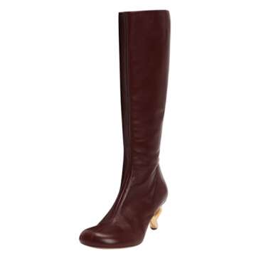 FSJ Women Stylish Chain Heel Knee High Boots Rounded Toe Side Zip Boot Wide Calf Fashion High Heel Daily Wear Casual Outing Shoes Size 16 Burgundy