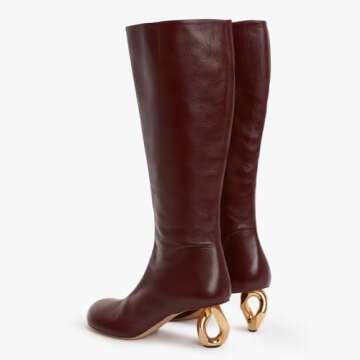 FSJ Women Stylish Chain Heel Knee High Boots Rounded Toe Side Zip Boot Wide Calf Fashion High Heel Daily Wear Casual Outing Shoes Size 16 Burgundy