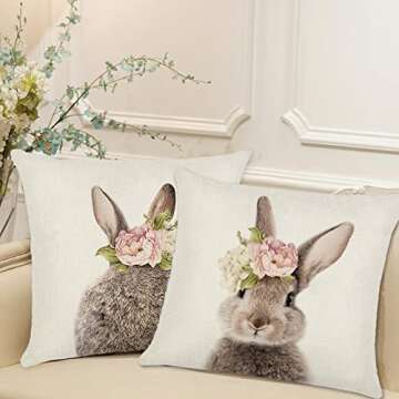 KAKABUQU Easter Bunny Throw Pillow Cover 18 x 18 Set of 2 Cute Rabbits Bunny Pillows Floral Easter Bunny Decor Linen Throw Pillow Case Cushion Cover Decorations for Home Sofa Bed