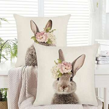 KAKABUQU Easter Bunny Throw Pillow Cover 18 x 18 Set of 2 Cute Rabbits Bunny Pillows Floral Easter Bunny Decor Linen Throw Pillow Case Cushion Cover Decorations for Home Sofa Bed