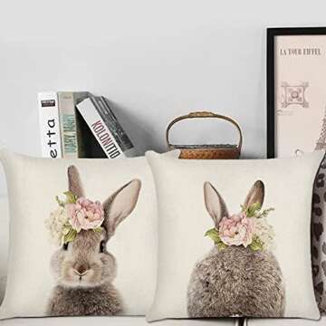 KAKABUQU Easter Bunny Throw Pillow Cover 18 x 18 Set of 2 Cute Rabbits Bunny Pillows Floral Easter Bunny Decor Linen Throw Pillow Case Cushion Cover Decorations for Home Sofa Bed