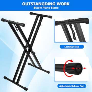 Keyboard Stand, Height Adjustable Keyboard Stand, Keyboard Stand with Quick Release Mechanism, Double X Foldable Heavy Duty Instrument Stand with Locking Straps for 54-61-88 Key Electronic Pianos hhhy