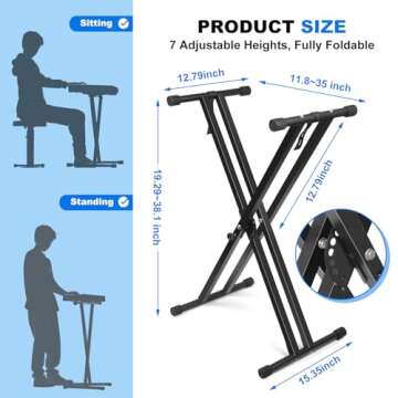 Keyboard Stand, Height Adjustable Keyboard Stand, Keyboard Stand with Quick Release Mechanism, Double X Foldable Heavy Duty Instrument Stand with Locking Straps for 54-61-88 Key Electronic Pianos hhhy