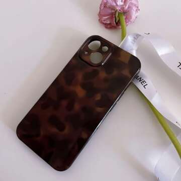 Reezaddin Aesthetic Tortoise Shell Phone Case for iPhone 14 6.1in,Retro Cool Girl Leopard Print Brown Amber Trendy Full Camera Protective Cover for iPhone 14 6.1"