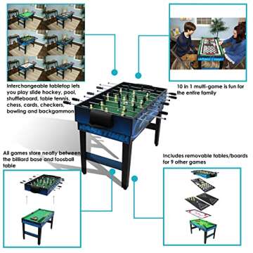 Sunnydaze 10-in-1 Game Table - Combination Multi-Game Table with Billiards, Push Hockey, Foosball, Ping Pong, Chess, Checkers, Backgammon, Bowling, Shuffleboard, Card Games - Game Time Blue