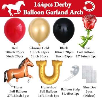 Enanal Derby Balloon Garland Arch Kt, 144pcs Red Black Gold Balloons with Rose Horse Horseshoe Foil Balloons for Run for the Rose Kentucky Party Birthday Horse Racing Decorations