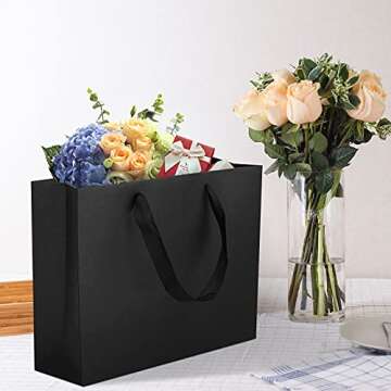 QIELSER 12 pcs Kraft Gift Bags Bulk Large Size 12.5x4.5x10 Inches, Black Kraft Paper Shopping Bags with Ribbon Handles, Party Favor Bags, Shopping Bags, Retail Bags, Wedding Bags