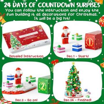 Advent Calendar 2024 for Kids Teens Adults, 24 Days Surprise Christmas Tree Building Blocks Christmas Countdown Calendar Gift Box with 1024 PCS Xmas Building Bricks Toy Decor for Boys Girls Women Men