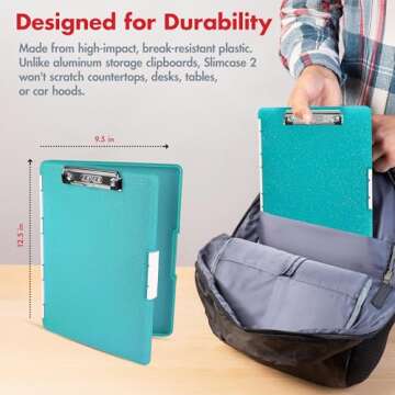 Dexas Slimcase 2 Plastic Clipboard with Storage and Side Opening, Teal Glitter, Office Supplies Clipboards to Organize, Carry and Store, A4 Holder, Style and Functionality Nursing Clipboard