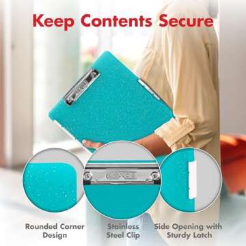 Dexas Slimcase 2 Plastic Clipboard with Storage and Side Opening, Teal Glitter, Office Supplies Clipboards to Organize, Carry and Store, A4 Holder, Style and Functionality Nursing Clipboard