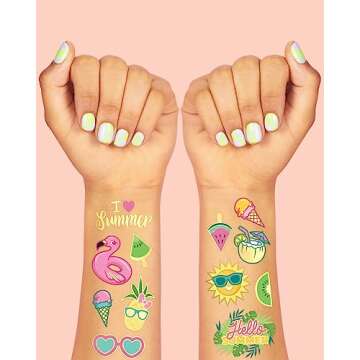 xo, Fetti Summer Pool Party Temporary Tattoos for Kids - Glitter styles | Birthday Party Supplies, Beach Party Favors + Tropical Decor