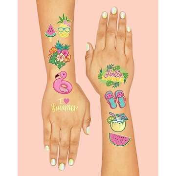 xo, Fetti Summer Pool Party Temporary Tattoos for Kids - Glitter styles | Birthday Party Supplies, Beach Party Favors + Tropical Decor