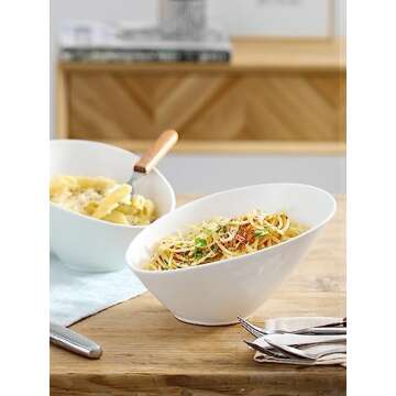 DOWAN 26 OZ Slanted Salad Bowls of 2 Packs - 9.5" Angled Serving Bowls for Salad, Pasta, Fruit, Sauce - Ceramic White Bowls for Restaurant, Daily Use - Dishwasher & Microwave Safe