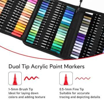 72 Colors Acrylic Paint Markers, Dual Tip with Fine Tip and Brush Tip Pens for Stone, Wood, Calligraphy, Canvas, Ceramic, Metal, Glass, Rock Painting, DIY Crafts Art Supplies Kit