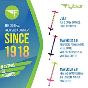 Flybar Maverick Pogo Stick for Kids Ages 5+, 40 to 80 Pounds, Perfect for Beginners, Easy Grip Handles, Anti-Slip Pegs, Outdoor Toys for Boys, Jumper Toys for Girls, Outside Toys for Kids