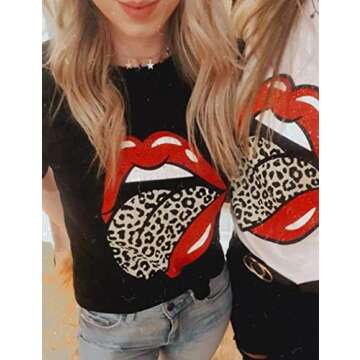 Women Print T-Shirt Summer Lips Leopard Graphic Top Short Sleeve Loose Kiss Logo Rock Band City Music Tee for Women White