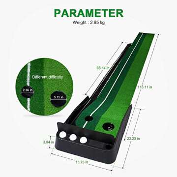 Wood Golf Putting Mat Come with 3 Golf Balls- Portable Mat with Auto Ball Return Function– Mini Golf Practice Training Aid, Game and Gift for Home, Office, Outdoor Use