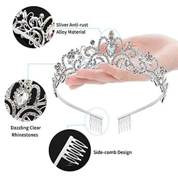 Princess Crown for Women, Crystal Queen Tiaras for Girls Bridal Hair Accessories Gifts for Birthday Wedding Prom, Bridal Party, Pageant, Halloween Christmas Costume - Silver