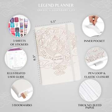 Legend Planner – Weekly & Monthly Life Planner to Hit Your Goals & Live Happier. Organizer Notebook & Productivity Journal. A5 (White)