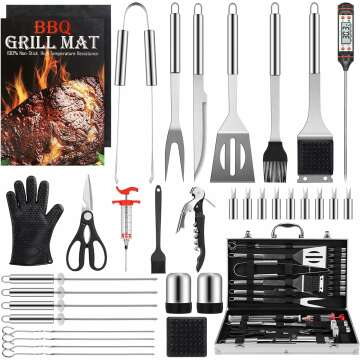 Grill Set BBQ Tools Grilling Tools Set Gifts for Men, 34PCS Stainless Steel Grill Accessories with Aluminum Case,Thermometer, Grill Mats for Camping/Backyard Barbecue,Grill Utensils Set for Dad