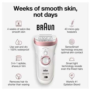 Braun Epilator Silk-épil 9 9-720, Hair Removal Device, Epilator for Women, Wet/Dry, Waterproof, 3-in-1 Epilate, Shave, or Trim, Salon-Like Smooth Skin, Womens Shaver & Trimmer, Cordless, Rechargeable