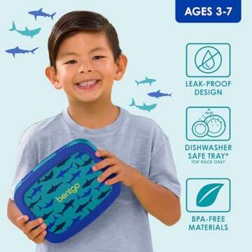 Bentgo Kids Prints Leak-Proof, 5-Compartment Bento-Style Kids Lunch Box - Ideal Portion Sizes for Ages 3-7, Durable, Drop-Proof, Dishwasher Safe, & Made with BPA-Free Materials (Sharks)