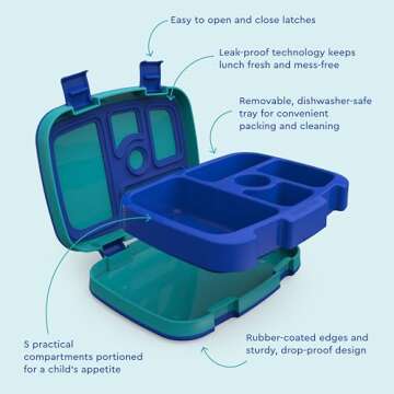 Bentgo Kids Prints Leak-Proof, 5-Compartment Bento-Style Kids Lunch Box - Ideal Portion Sizes for Ages 3-7, Durable, Drop-Proof, Dishwasher Safe, & Made with BPA-Free Materials (Sharks)