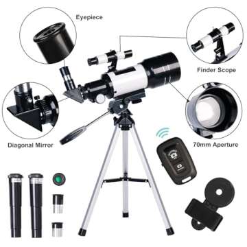 Telescope for Adults & Kids, 70mm Aperture Refractor (15X-150X) Portable Travel Telescope with Phone Adapter & Wireless Remote, Astronomy Beginners Gifts, Black