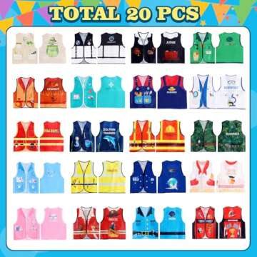 20 PCS Kids Community Helper Dress Up Vest Career Costumes Role Play Career Cosplay Clothes Pretend and Play Costume for Kids Dress up Doctor Police Fireman Car Racer Cowboy Farmers Worker Pirate