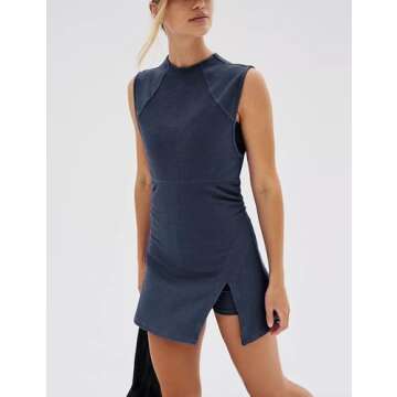 Bankeng Womens Workout Set Tennis Dress Built in Shorts Open Back Knitted Athletic Dresses(Navy,M)