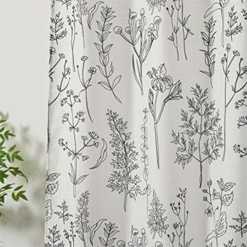 Estmy Extra Long Vintage Botanical Linen Bathroom Shower Curtain 84'' Long, Black and Ivory Textured Fabric Shower Curtain Set Cute Plant Leaves Design, Modern Farmhosue Boho Floral Bathroom Decor