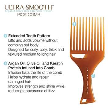 Cricket Ultra Smooth Hair Pick Comb for Volumizing, Detangling, and Reducing Frizz - Enriched with Argan, Olive Oil, and Keratin Infused, Ideal for Curly, Thick, and Long Hair