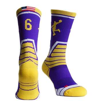 Forever Fanatics Youth Boys Basketball Socks Sports Athletic Crew Socks with Basketball Arm Sleeve - Made in USA (6 Purple/Gold, Kids 6-10 Years)