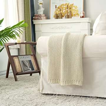 Longhui bedding Chunky Cable Knit Throw Blanket Lightweight Cream 100% Organic Cotton Blanket for Sofa Couch Bed Baby Nursery, Rustic Shabby Chic Modern Farmhouse, 51” x 63” Give Laundering Bag