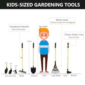 POMIKU Kids Garden Tools, Rake and Shovel Set, 7 Pieces Gardening Tools for Yard, Beach, Camping Play, Outside Toys for Kids Ages 3 up Gift