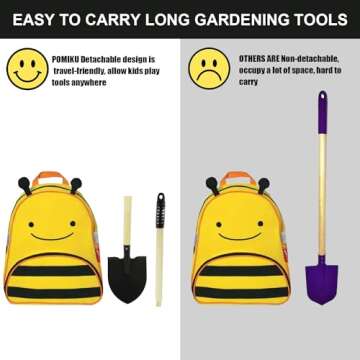 POMIKU Kids Garden Tools, Rake and Shovel Set, 7 Pieces Gardening Tools for Yard, Beach, Camping Play, Outside Toys for Kids Ages 3 up Gift