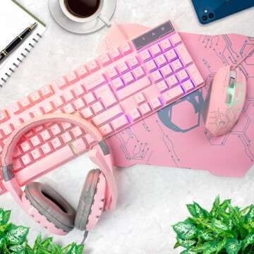 Pink Gaming Keyboard and Mouse Headset Headphones and Mouse pad, Wired LED RGB Backlight Bundle Pink PC Accessories for Gamers and Xbox and PS4 PS5 Nintendo Switch Users - 4in1 Edition Hornet RX-250