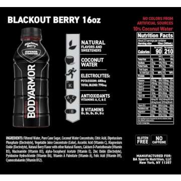 BODYARMOR Sports Drink Sports Beverage, Blackout Berry, Coconut Water Hydration, Natural Flavors With Vitamins, Potassium-Packed Electrolytes, Perfect For Athletes, 16 Fl Oz (Pack of 12)