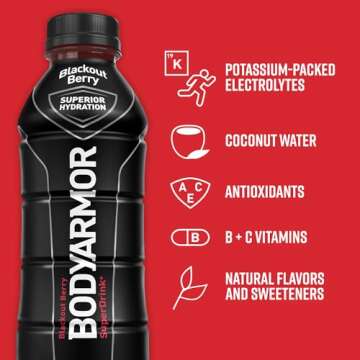 BODYARMOR Sports Drink Sports Beverage, Blackout Berry, Coconut Water Hydration, Natural Flavors With Vitamins, Potassium-Packed Electrolytes, Perfect For Athletes, 16 Fl Oz (Pack of 12)