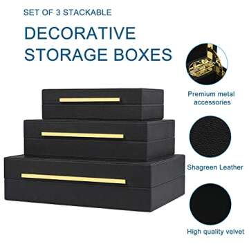 ZIKOUL Black Shagreen Box Faux Leather Set Of 3 Pcs Storage Decorative Boxes,Modern Stacking Decorative Boxes with Lids For Home Decor Coffee Table Top Storage Jewelry Box Organizer