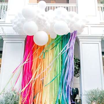 JOYYPOP Rainbow Party Decorations with White Balloon Garland and Rainbow Crepe Paper Streamers for Rainbow Baby Shower Rainbow Birthday Party